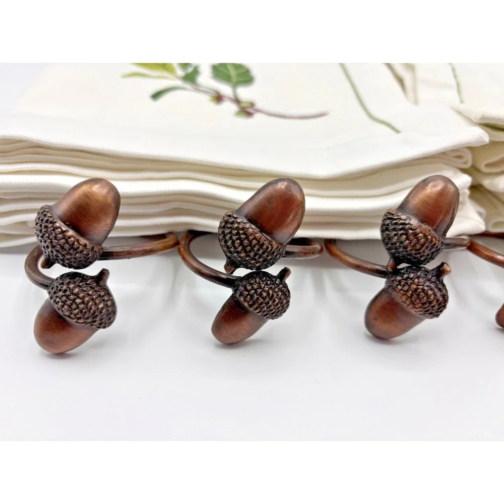 Crate & Barrel Embroidered SET of 6 Acorn Dinner Napkins PLUS Holders Rings